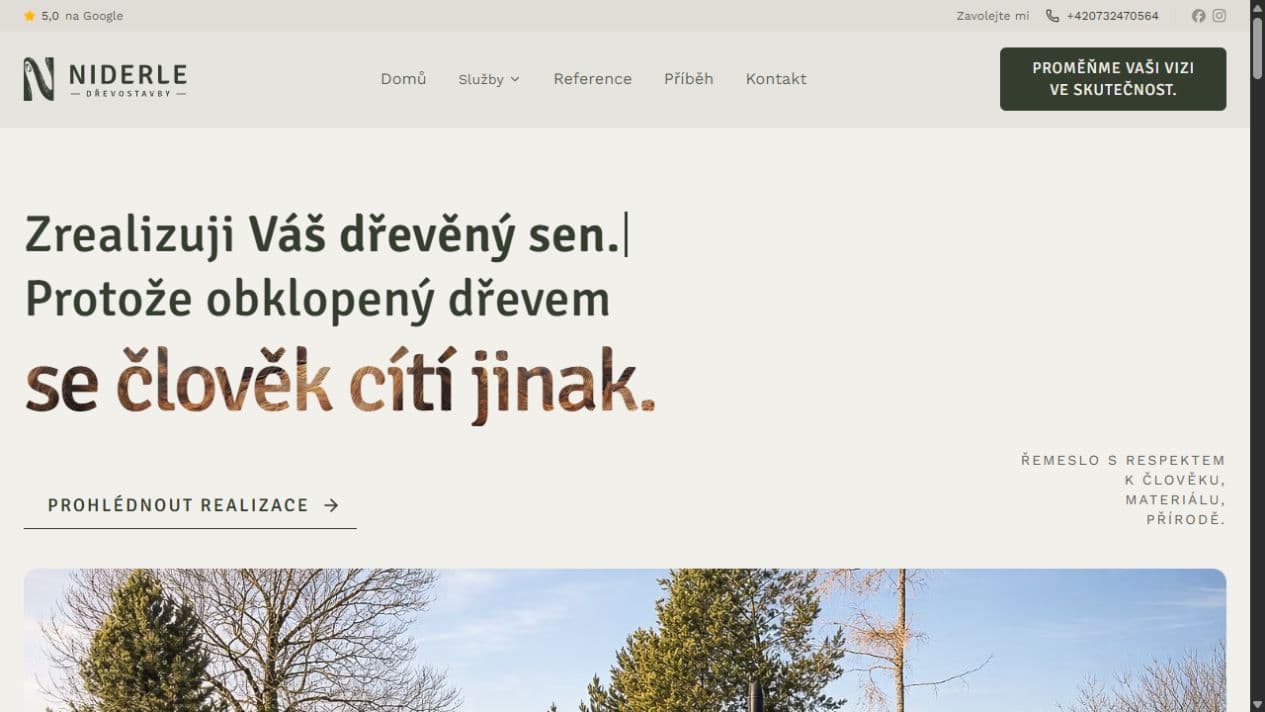 Screenshot úvodní stránky DŘEVOSTAVBY NIDERLE